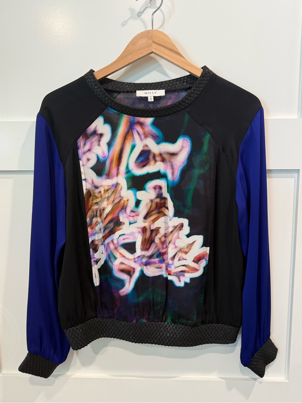 Milly Black Silk Lightweight neon floral multi color Crewneck Pullover